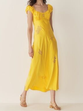 NWT Doen Gwendolyn Silk Lace Short Sleeve Midi Maxi Dress Daylily Yellow Gold